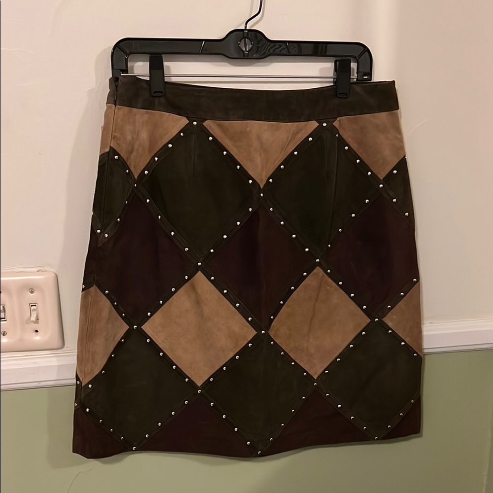 Worth Brown and Tan Suede Pencil Skirt with Embellished Details for Cocktail